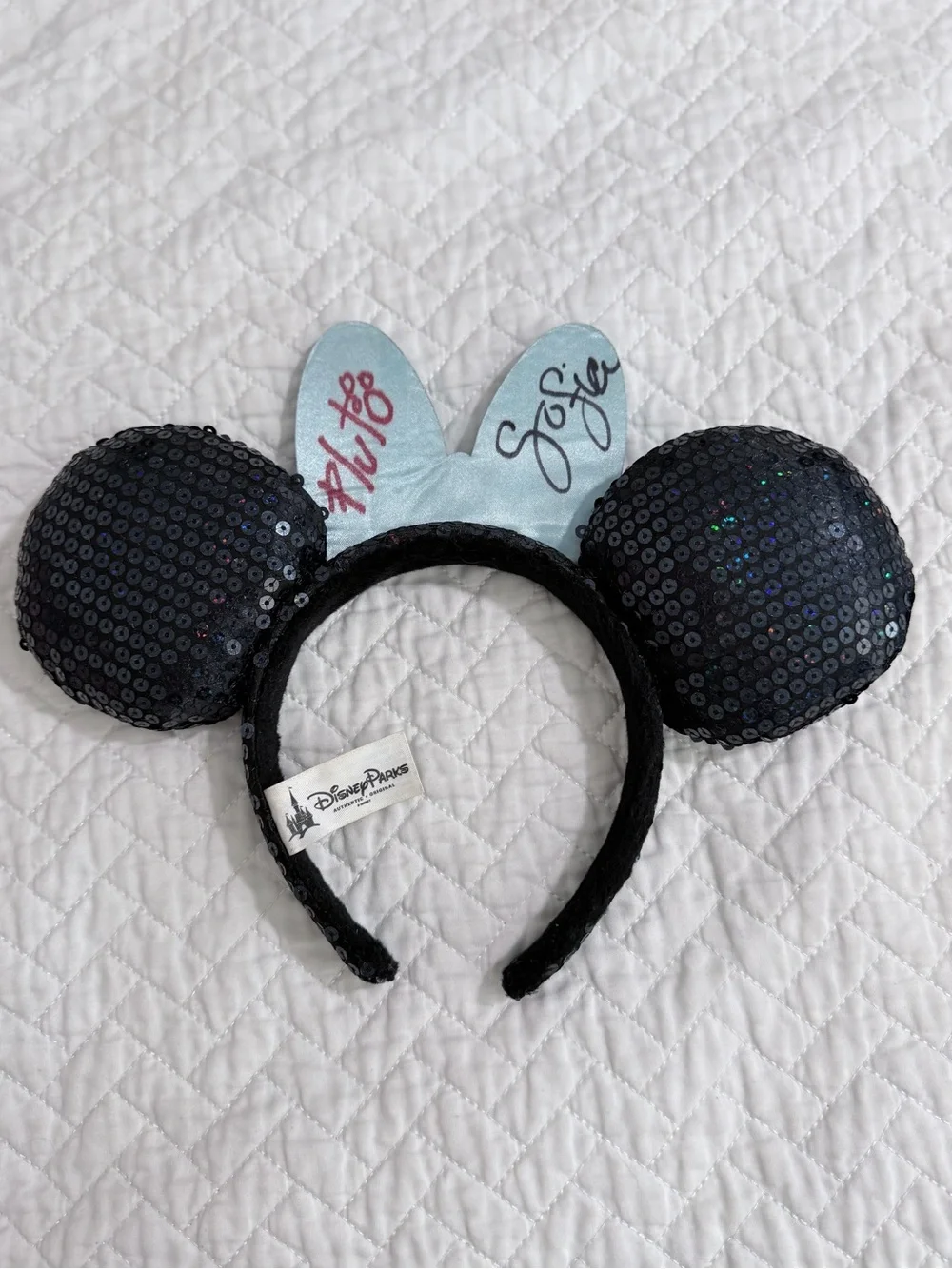 Disney Parks Black Sequin Minnie Ears Blue Jeweled Bow Headband Signed
